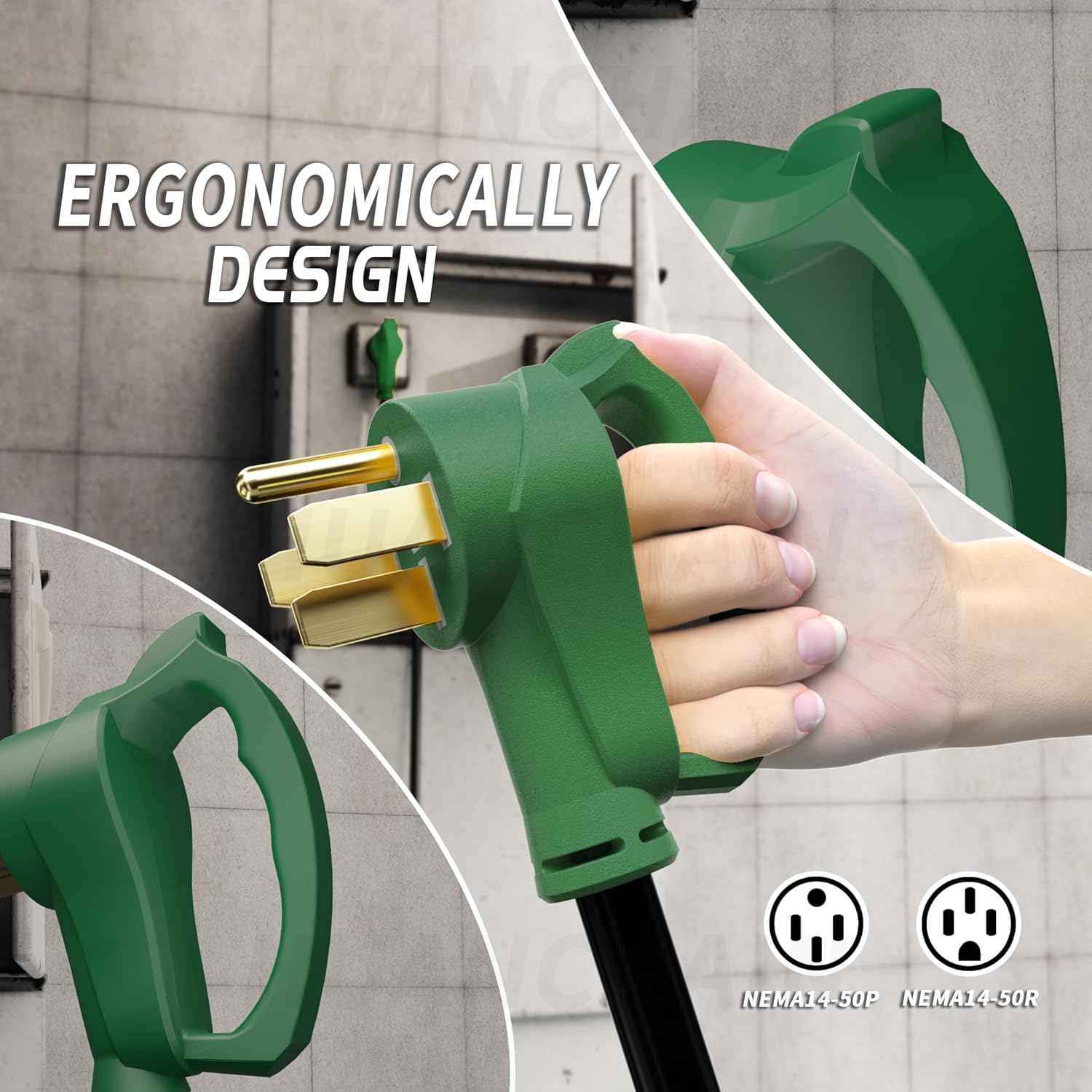 PlugSaf NEMA 14-50P/14-50R 75 FT 40 Amp RV/EV Extension Cord Outdoor with Grip Handle, 4 Prong Flexible Heavy Duty STW RV Power Cord Waterproof, 40A 125/250V 5000/10000W, Black-Green, ETL Listed