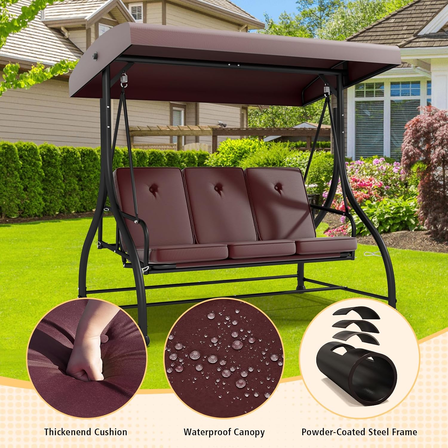 3 Seat Outdoor Porch Swing with Stand, 760 lbs Capacity Heavy Duty Patio Glider Swings for Adults, Convertible 2 in 1 Patio Swings Bed with Adjustable Canopy & Thick Cushions for Garden Yard