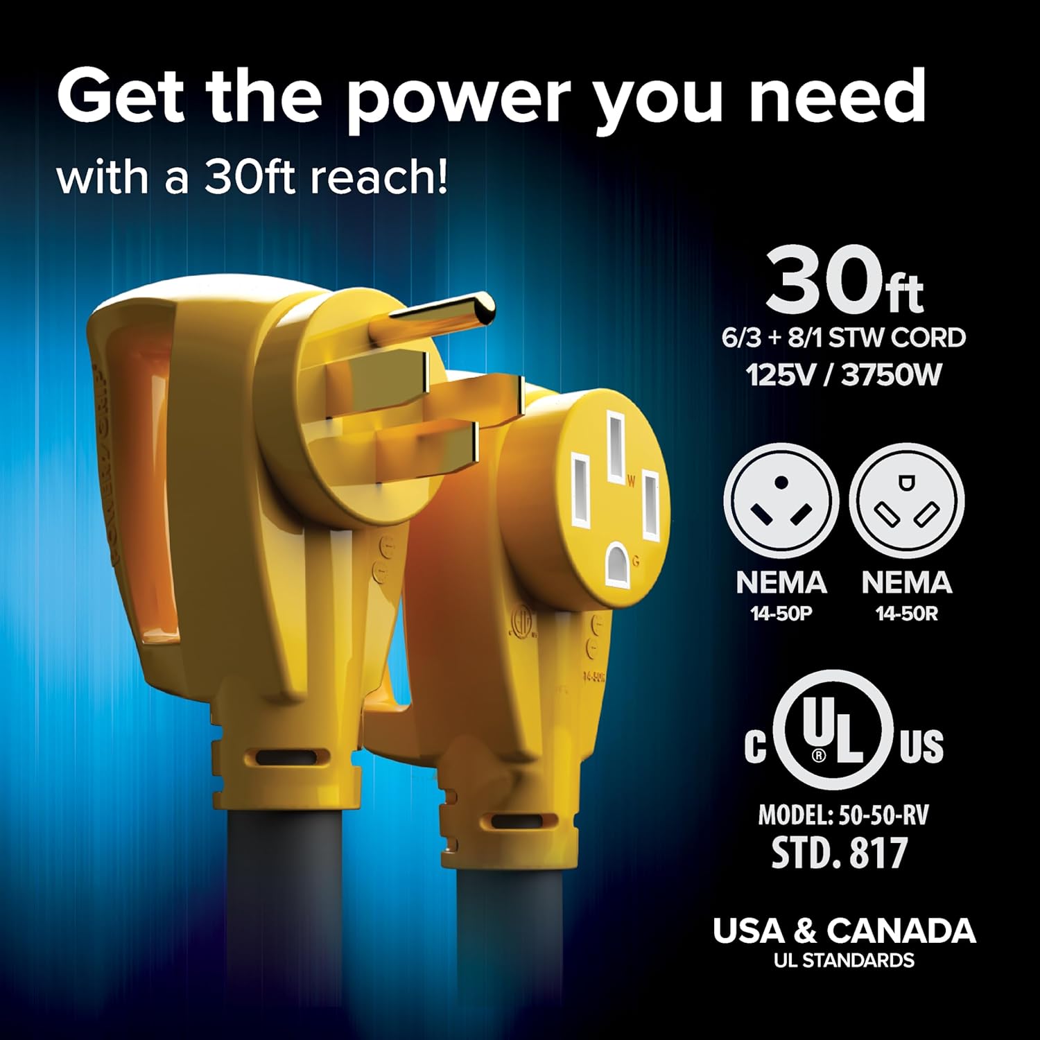 Camco Power Grip 30-Ft 50-Amp Camper/RV Extension Cord - Features Copper 6/3 + 8/1-Gauge Wires for Superior Conductivity - Rated for 125/250 V/12,500 W - Coated w/Heat-Resilient PVC (55195)