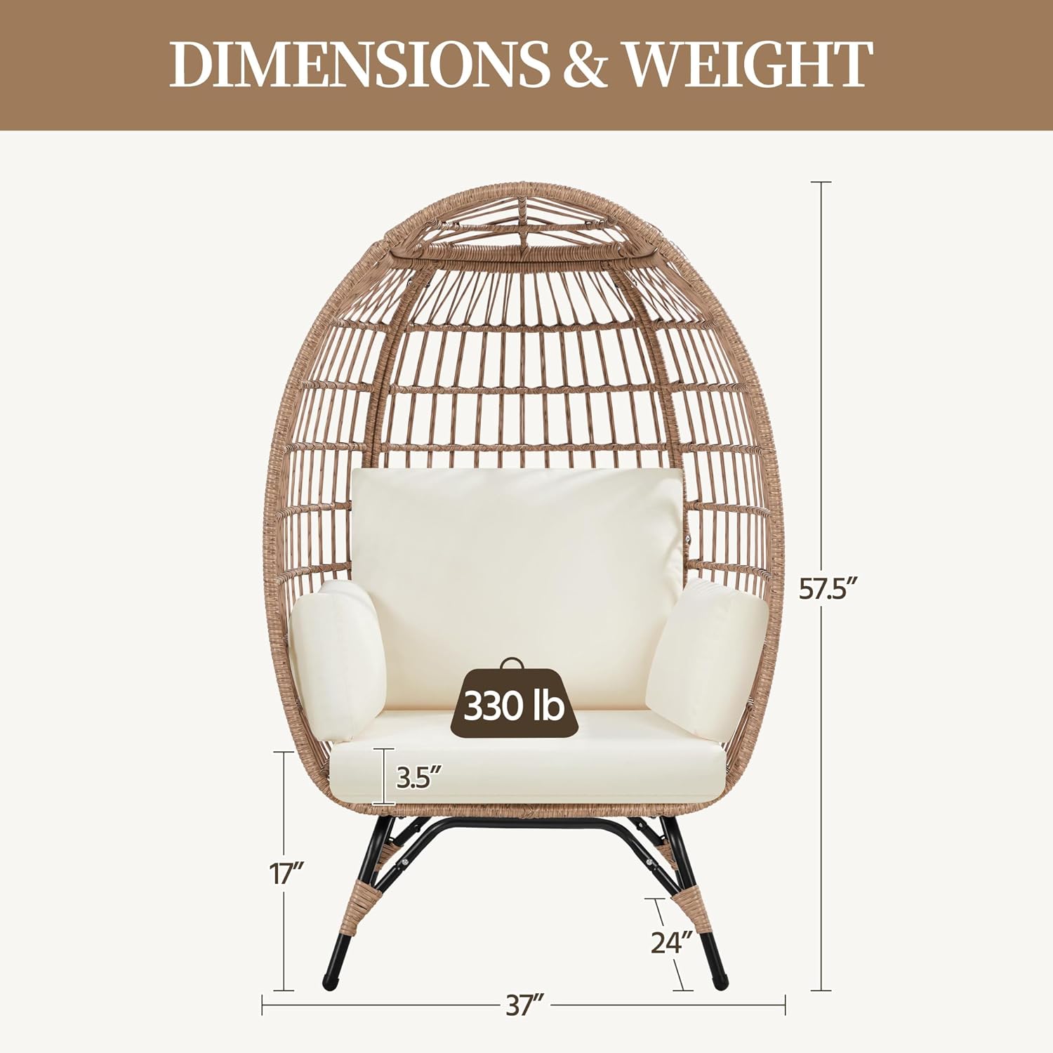 Yaheetech Egg Rattan Chair, Oversized Indoor/Outdoor Egg-Shaped PE Basket Lounger with 4 Cushions, Metal Frame Stand for Patio, Balcony, Backyard, Living Room, Light Brown/Ivory