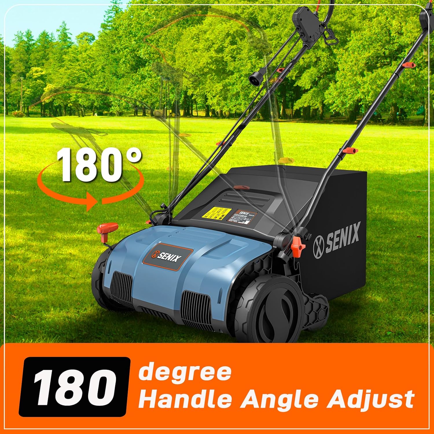 SENIX 13 Amp 15-Inch 2-in-1 Electric Dethatcher and Scarifier with 13.2-Gal Collection Bag,4-Position Depth Adjustment,Walk Behind for Lawn Garden Care Removing Thatch,Quick-Fold(SCE13-M)