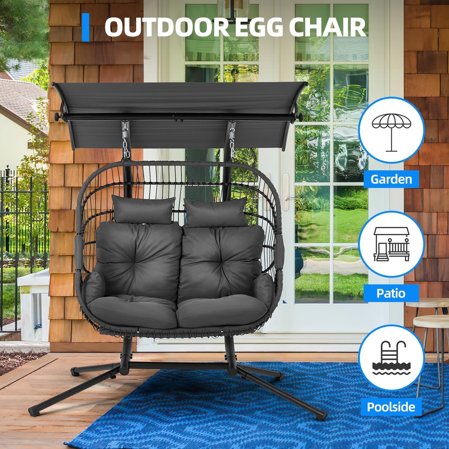 YOLENY Double Egg Chair with Adjustable Canopy, Oversized Hanging Swing Chair, Hammock Chair with Cushion Basket Hammock Nest Chair, Swinging Loveseat for Outdoor Patio, Balcony, Garden