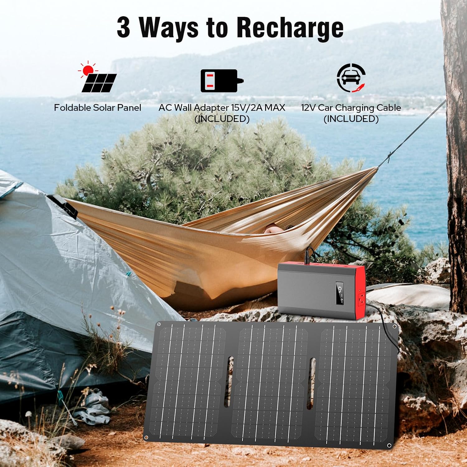 Portable Solar Generator 300W Power Station with Foldable 60W Solar Panel, Portable Power Bank 65W with DC AC Outlet 110V for Laptop Smart Device Home RV Outdoor Hiking Camping Adventure