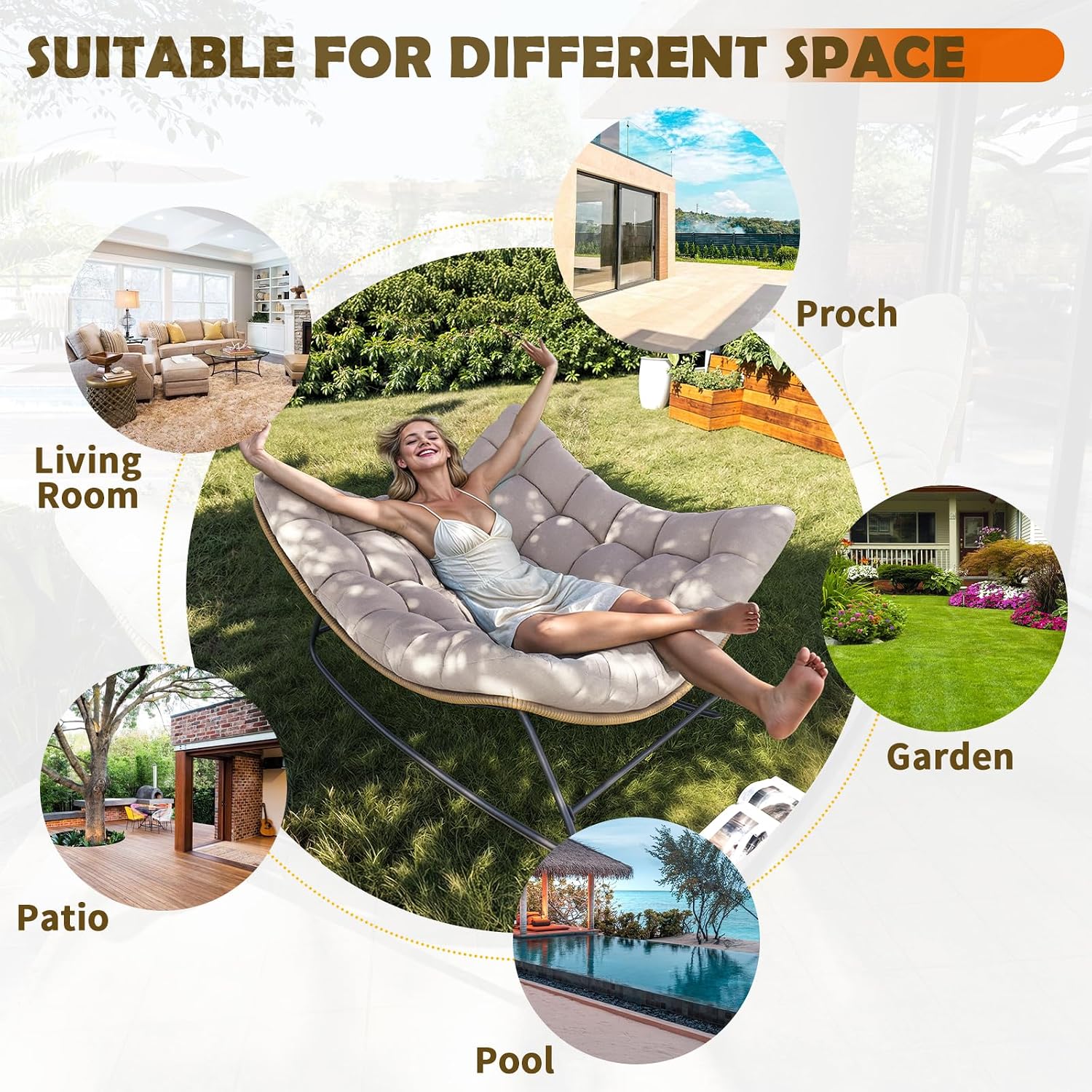 Outdoor Rocking Chair, 2 PCS Indoor Papasan Chairs, Oversized Egg Rocking Chair with Thick Cushion, Rattan Wicker Rocker Lounge Chair for Bedroom, Living Room, Patio, Garden, Porch (Beige)