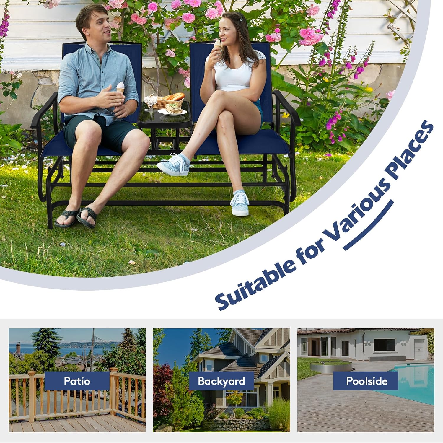 Tangkula 2 Person Swing Glider Chair, Patio Rocking Loveseat w/Center Tempered Glass Table, Outdoor Swing Bench w/Steel Frame & Breathable Mesh Fabric for Porch, Balcony, Poolside (Navy)