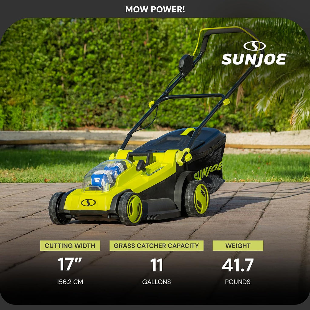Sun Joe Cordless Electric Push Lawn Mower with 6-Position Height Adjustment, 11-Gal Bag, 17-Inch Cutting Width - Heavy-Duty Yard Trimmer for Gardening Care and Maintenance, 24V-X2-17LM