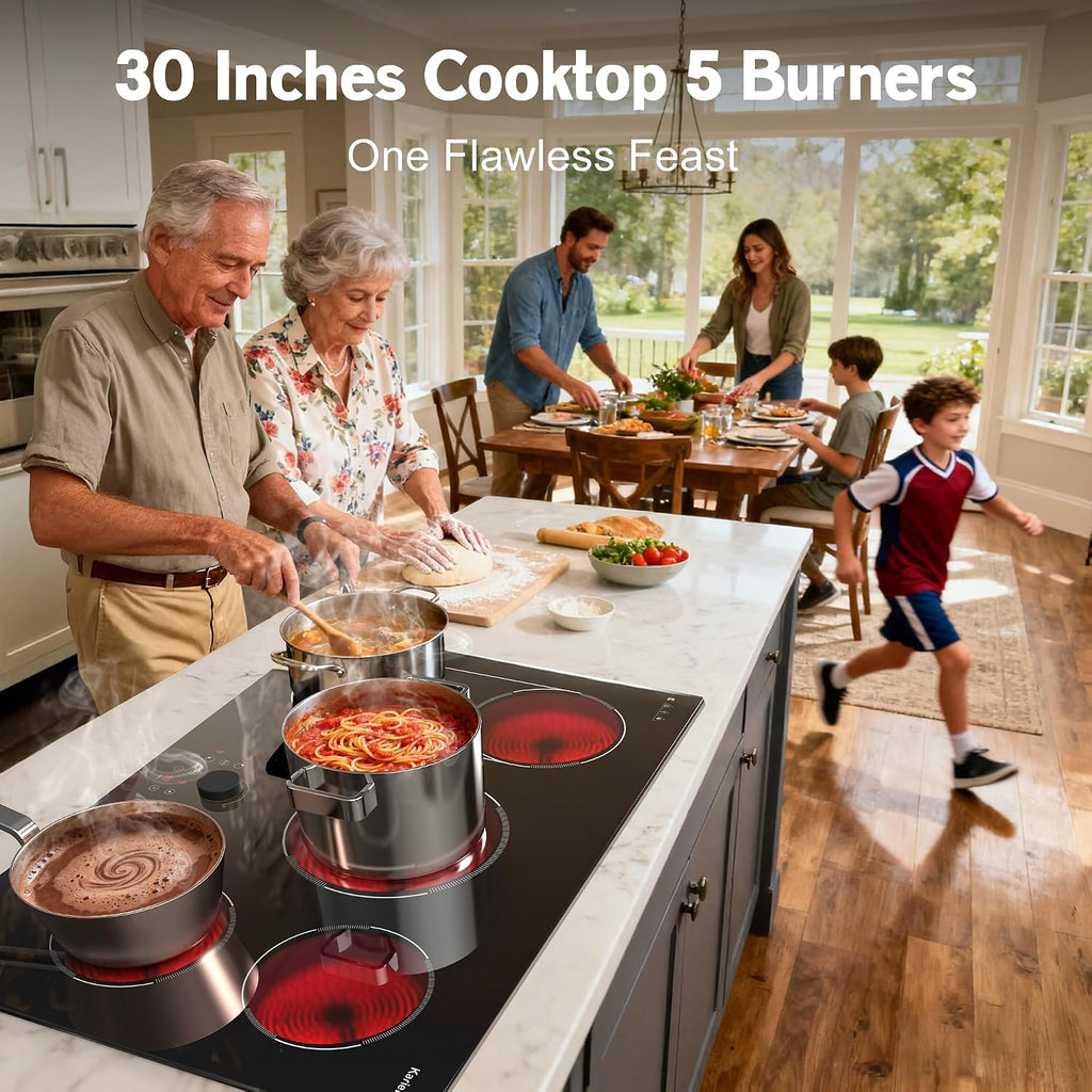 Electric Cooktop 30 Inch, 5 Burner Stove Top Burner 8600W, Built in 30 Inch Electric Cooktop, Magnetic Knob, Expanable Burners & BBQ, Timer, Safety Lock, 220V-240V Hard Wire (No Plug)