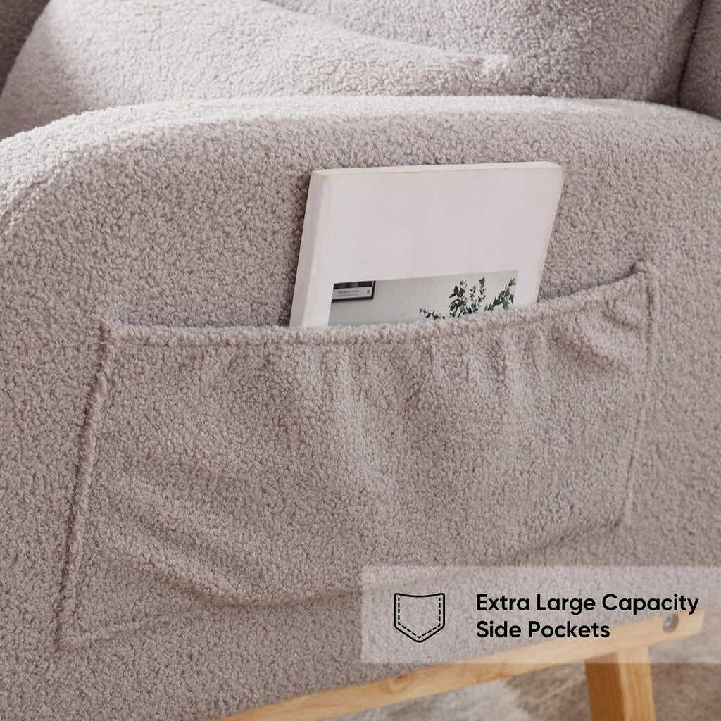 HCHAIRH Rocking Chair Nursery, Sherpa Nursing Rocking Chairs, Upholstered Nursery Glider Rocker for Mom Nursery Morden Accent Rocking Chair Pillow for Living Room,Bedroom,Teddy Light Grey