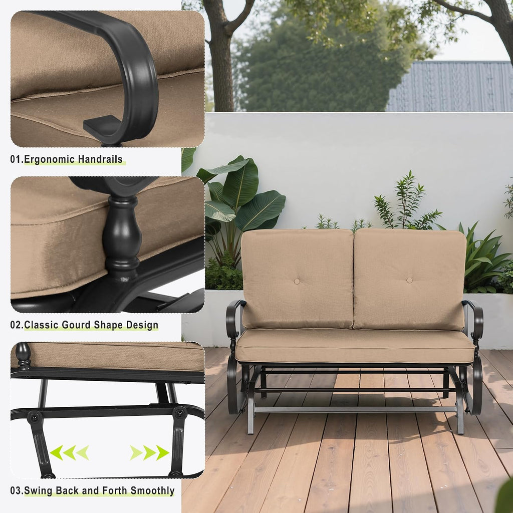 Outdoor Bench Patio Swing Glider Loveseat 2 Seats Rocking Chair, Wrought Iron Gliders for Outside Patio with Cushion (Brown)