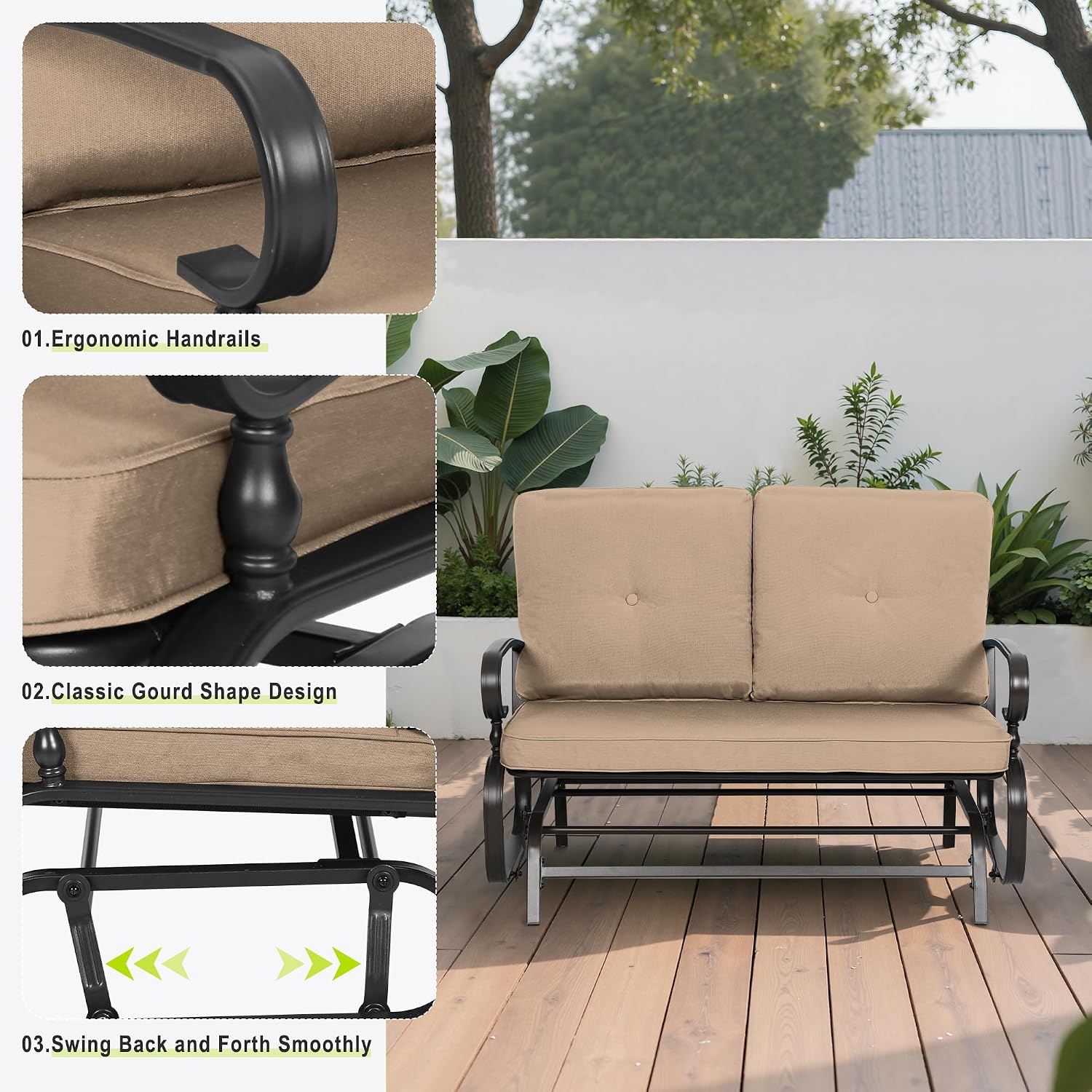 Outdoor Bench Patio Swing Glider Loveseat 2 Seats Rocking Chair, Wrought Iron Gliders for Outside Patio with Cushion (Brown)