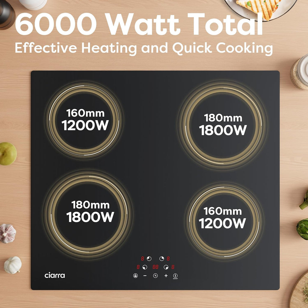 CDV 6000W Built-in Induction Cooktop 4 Burners, 24 Inch Electric Cooktop Touch Control Ceramic Glass Plate 9 Power Levels Fast Heating Child Safety Lock