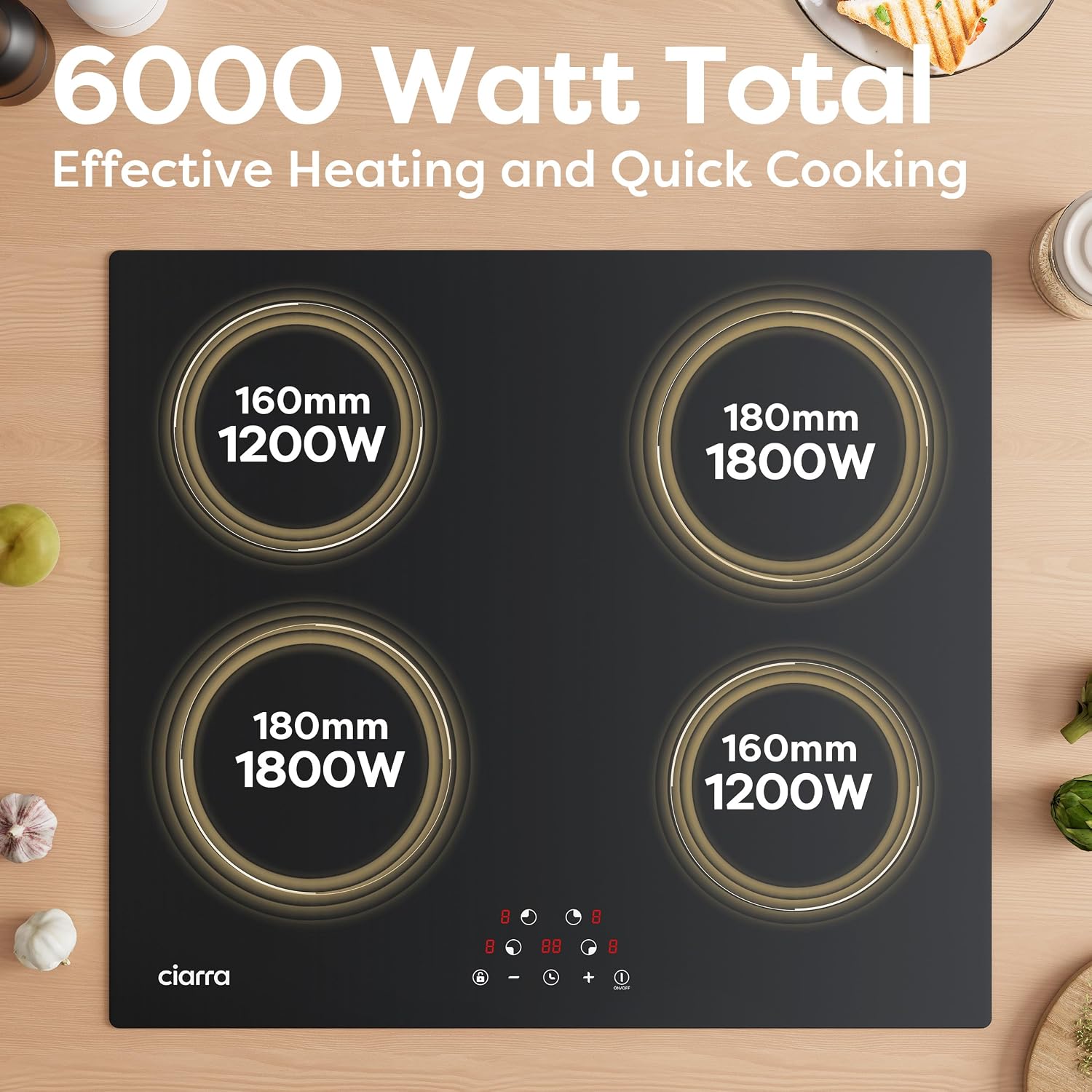 CDV 6000W Built-in Induction Cooktop 4 Burners, 24 Inch Electric Cooktop Touch Control Ceramic Glass Plate 9 Power Levels Fast Heating Child Safety Lock