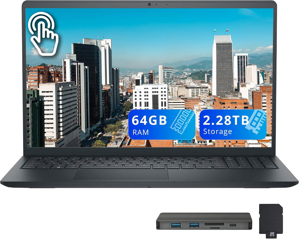 Dell Inspiron 15.6' FHD Touchscreen Laptop, Intel Core i7-1355U, 64GB RAM, 2.28TB Storage (2TB SSD + 288GB Docking Station Set), Wi-Fi 6, Backlit Keyboard, Fingerprint Reader, Windows 11, Black