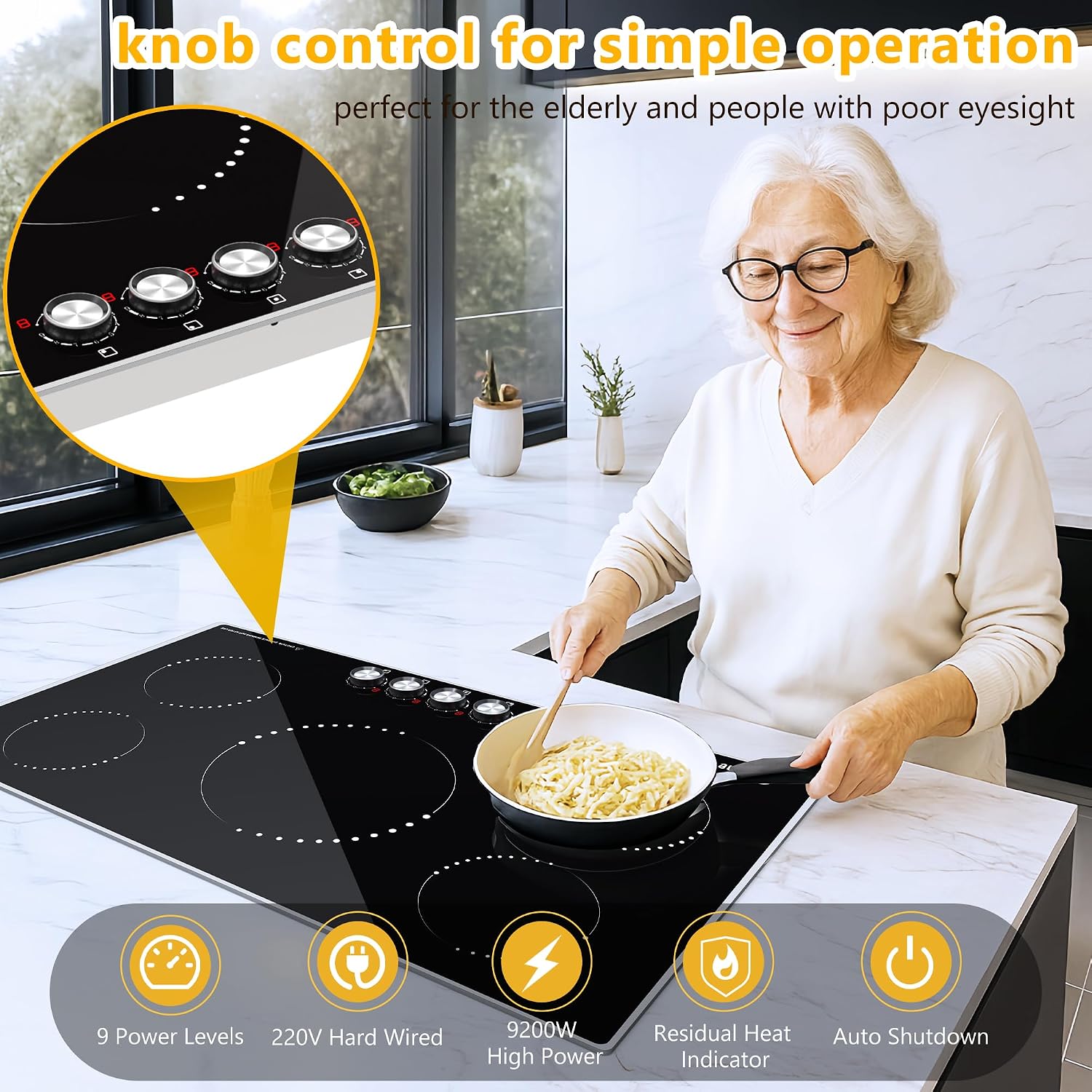 36 Inch Induction Cooktop, 5 Burner Electric Cooktop with 9 Power Levels, Knob Control, Auto shutdown and Residual Heat Warning, 9200W, 220-240V for Hard Wire
