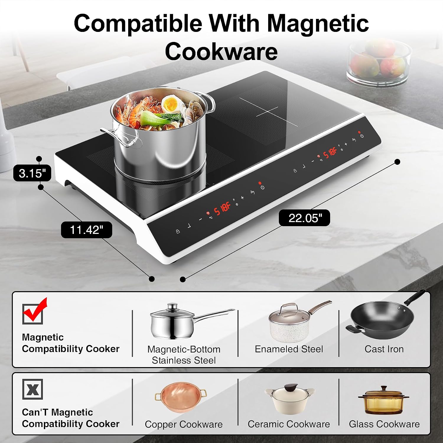GIHETKUT Double Induction Cooktop, 4000W 2 burner Induction cooktop with LED Touch Screen 10 Levels Settings with Child Safety Lock & Timer 110V Electric burner with hot plate
