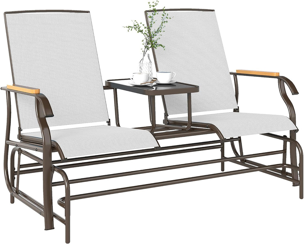 Outsunny 2 Person Outdoor Glider Bench, Patio Swing Glider Chair Loveseat with Breathable Mesh, Table, Steel Frame for Garden, Backyard, Porch, Cream White