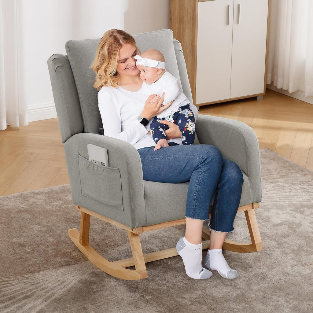 HCHAIRH Rocking Chair Nursery, Upholstered Fabric Nursing Rocking Chairs with Lumbar Pillow, Modern Nursery Glider Rocker Morden Accent Rocking Chair for Mom Nursery, Living Room, Bedroom, Grey