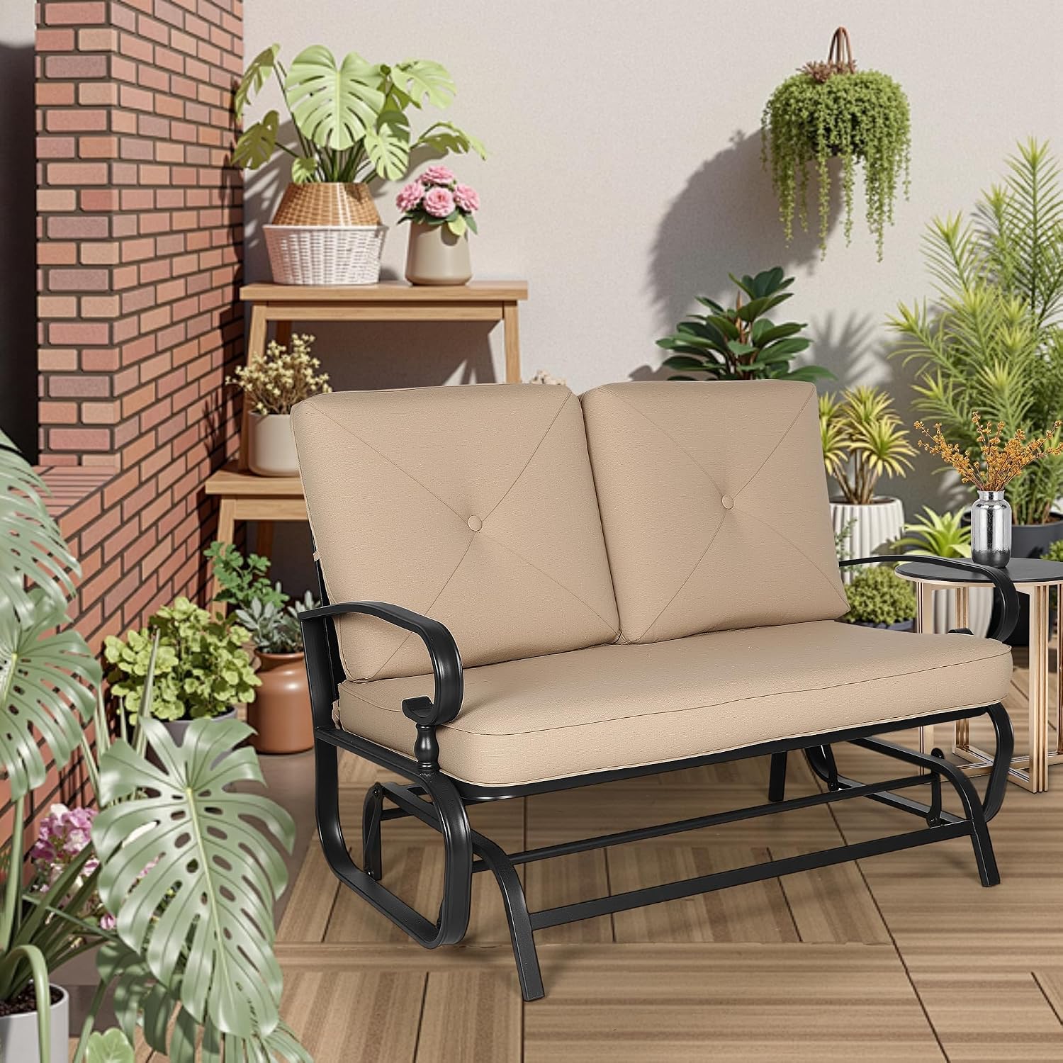 Incbruce Outdoor Glider Rocking Chair Patio Glider Bench for 2 Person, Porch Loveseat Seating Patio Steel Frame Chair Set with Cushion for Porch, Patio, Garden (Brown)
