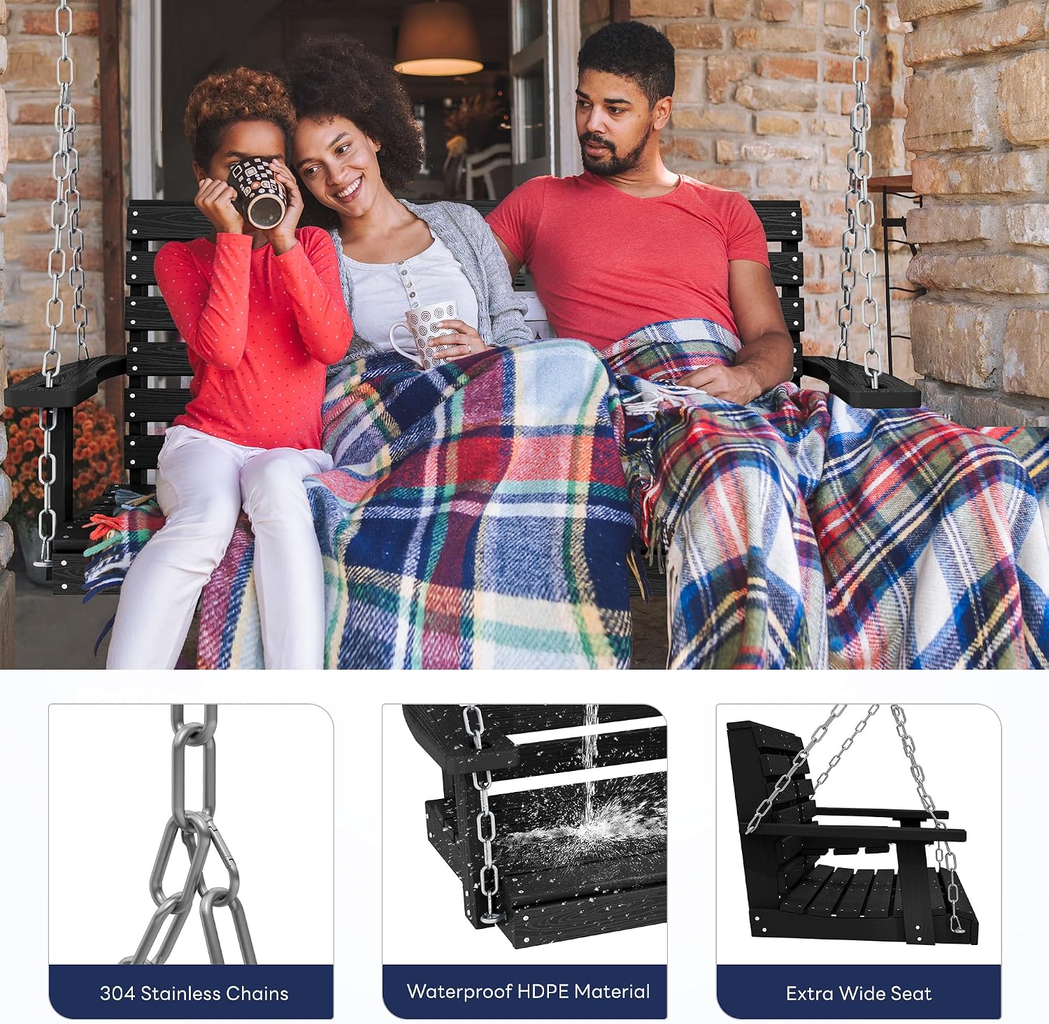 KINGYES Outdoor Patio Swing Set - 2 Seat Hanging Porch Swing with Cup Holders, Waterproof & 660LBS Weight Capacity, Black