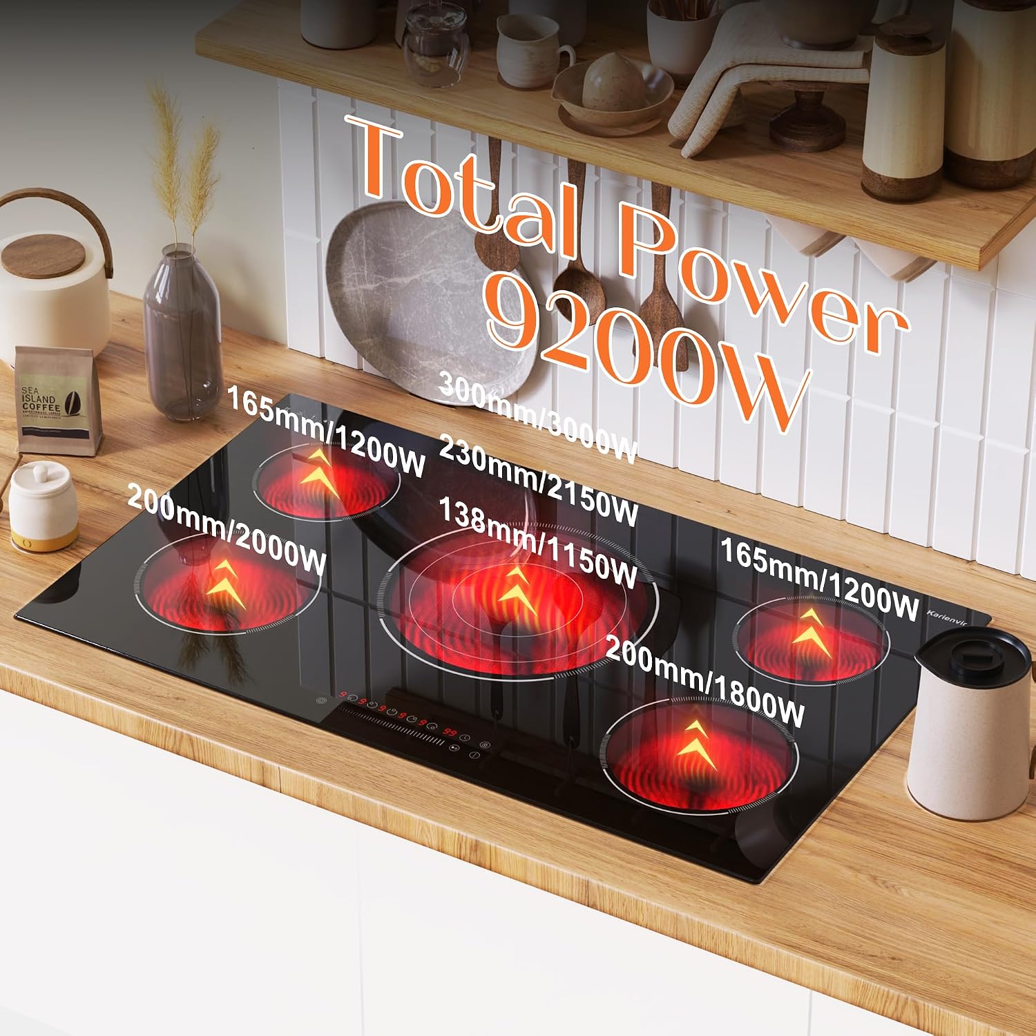36 Inch Electric Cooktop, 5 Burner Electric Cooktop Bulit in, 9200W, 9 Power Levels, Electrics Stove with Timer, Safety Lock, Pause, 220V-240V Hard Wire