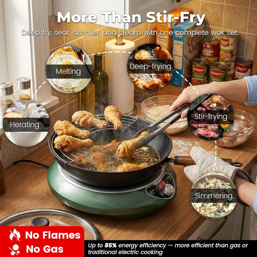 1700W Concave Induction Wok Cooktop,9.25-Inch Coi,Non-Pulse Continuous Heating, Professional Countertop Wok Burner Stove for Stir Fry Cooking