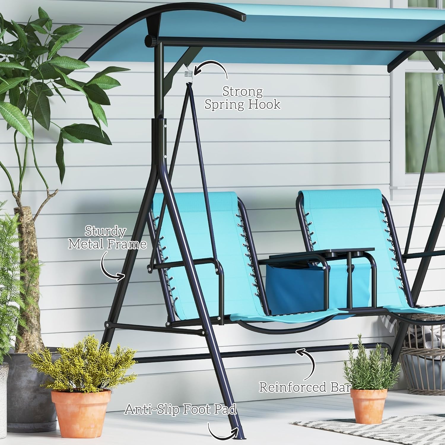 Outsunny 2-Seat Patio Swing Chair, Outdoor Canopy Swing Glider with Pivot Storage Table, Cup Holder, Adjustable Shade, Bungie Seat Suspension and Weather Resistant Steel Frame, Blue