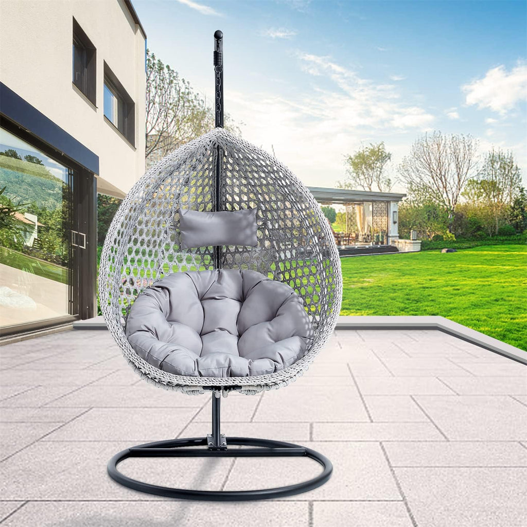 LKTART Egg Swing Chair with Stand Rattan Hanging Egg Chair with Cushions and Pillow Relaxing Chair Foldable Basket & Metal Stand Indoors or Outside 2-Grey