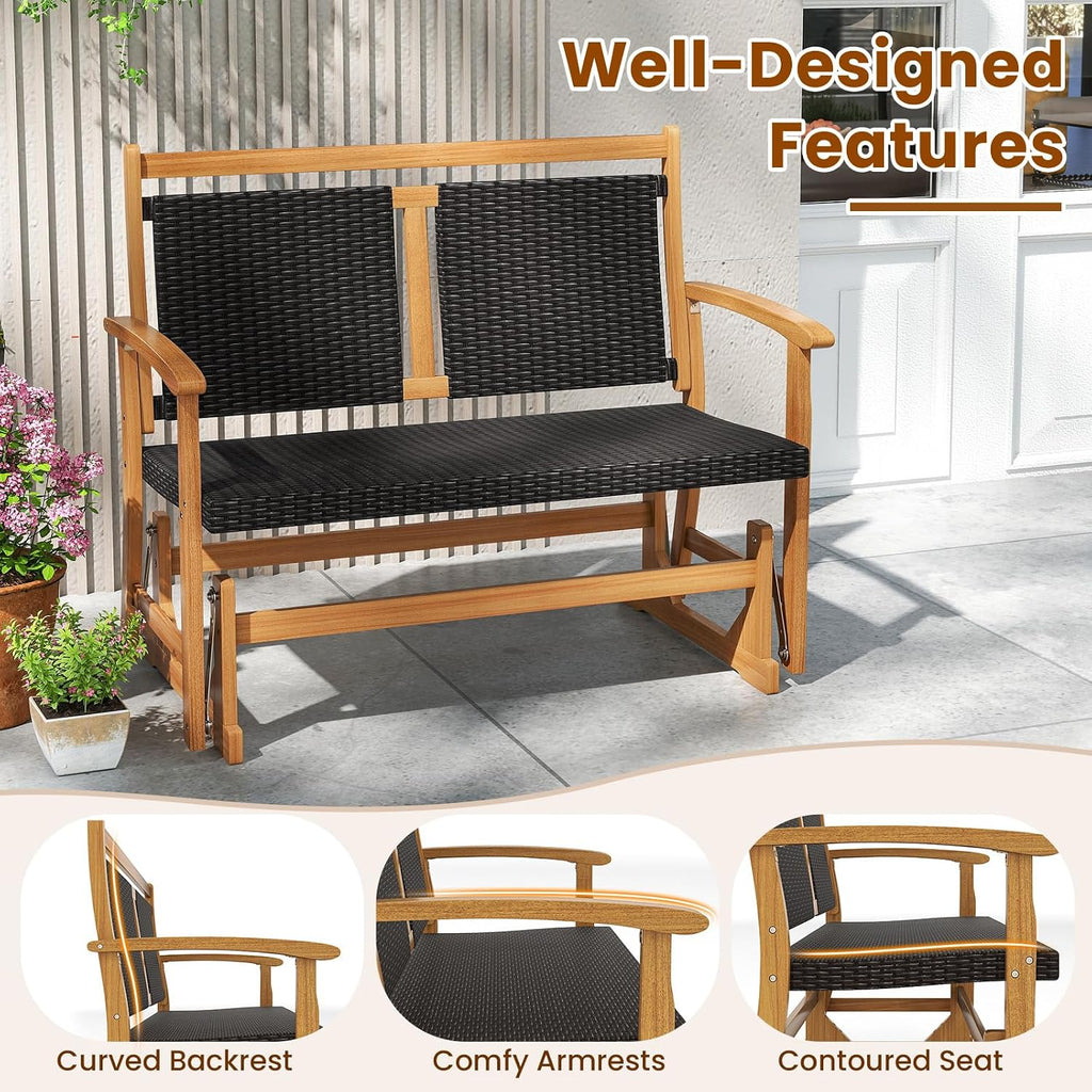 Tangkula Patio Rattan Glider Bench, Swing Gliding Rocker w/Acacia Wood Frame & Wicker Seat Back, Outdoor Rocking Armchair w/Curved Armrests for Porch, Backyard, Poolside (2 Seat)