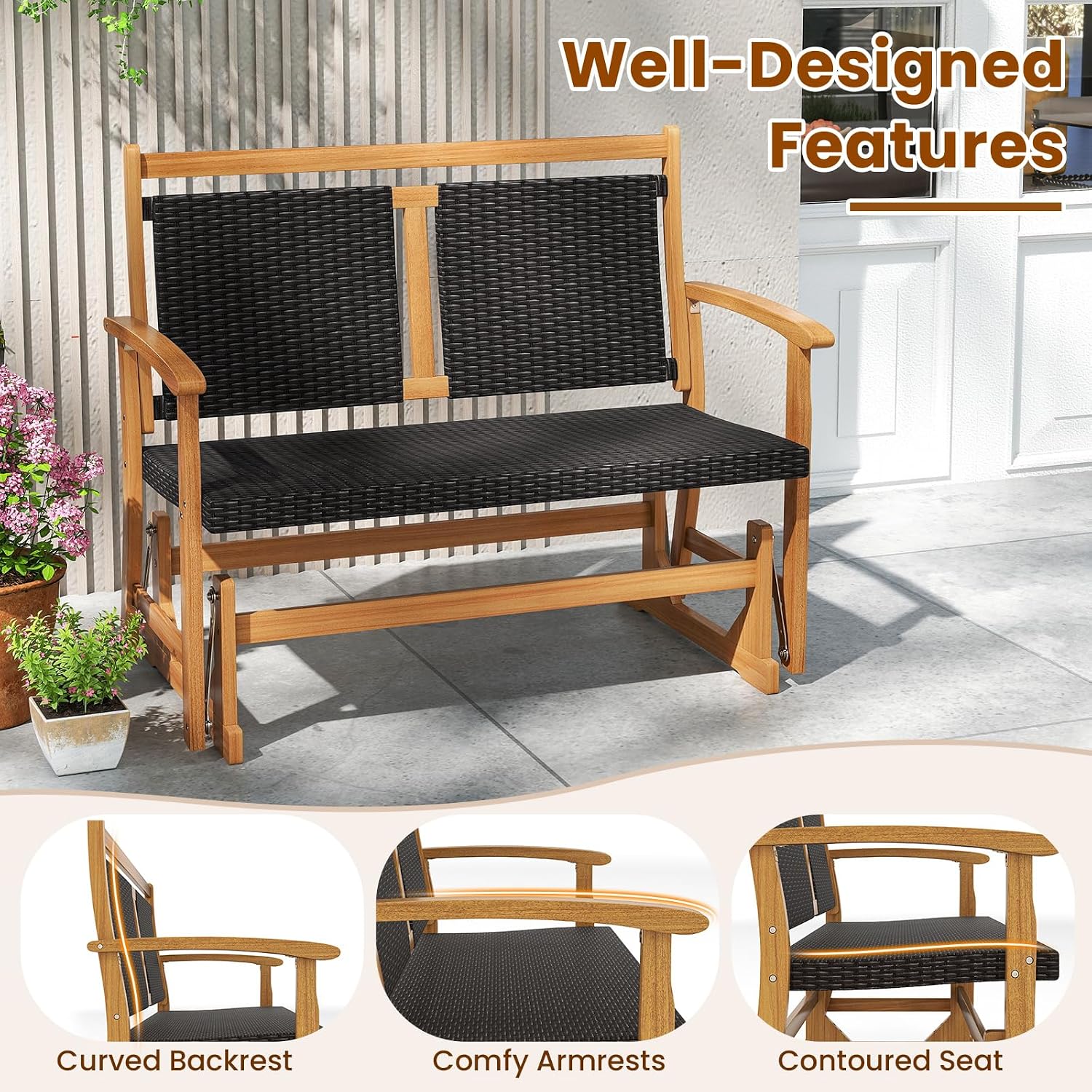 Tangkula Patio Rattan Glider Bench, Swing Gliding Rocker w/Acacia Wood Frame & Wicker Seat Back, Outdoor Rocking Armchair w/Curved Armrests for Porch, Backyard, Poolside (2 Seat)