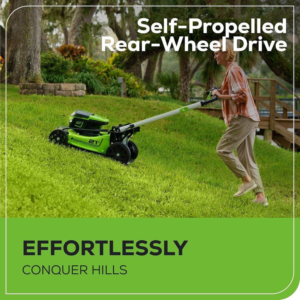 Greenworks 60V 21' Brushless (Self-Propelled) Cordless Lawn Mower, 2 x 4.0Ah Batteries (3/4 Acre, Rapid Charger, 4-in-1, LED Lights, IPX4)