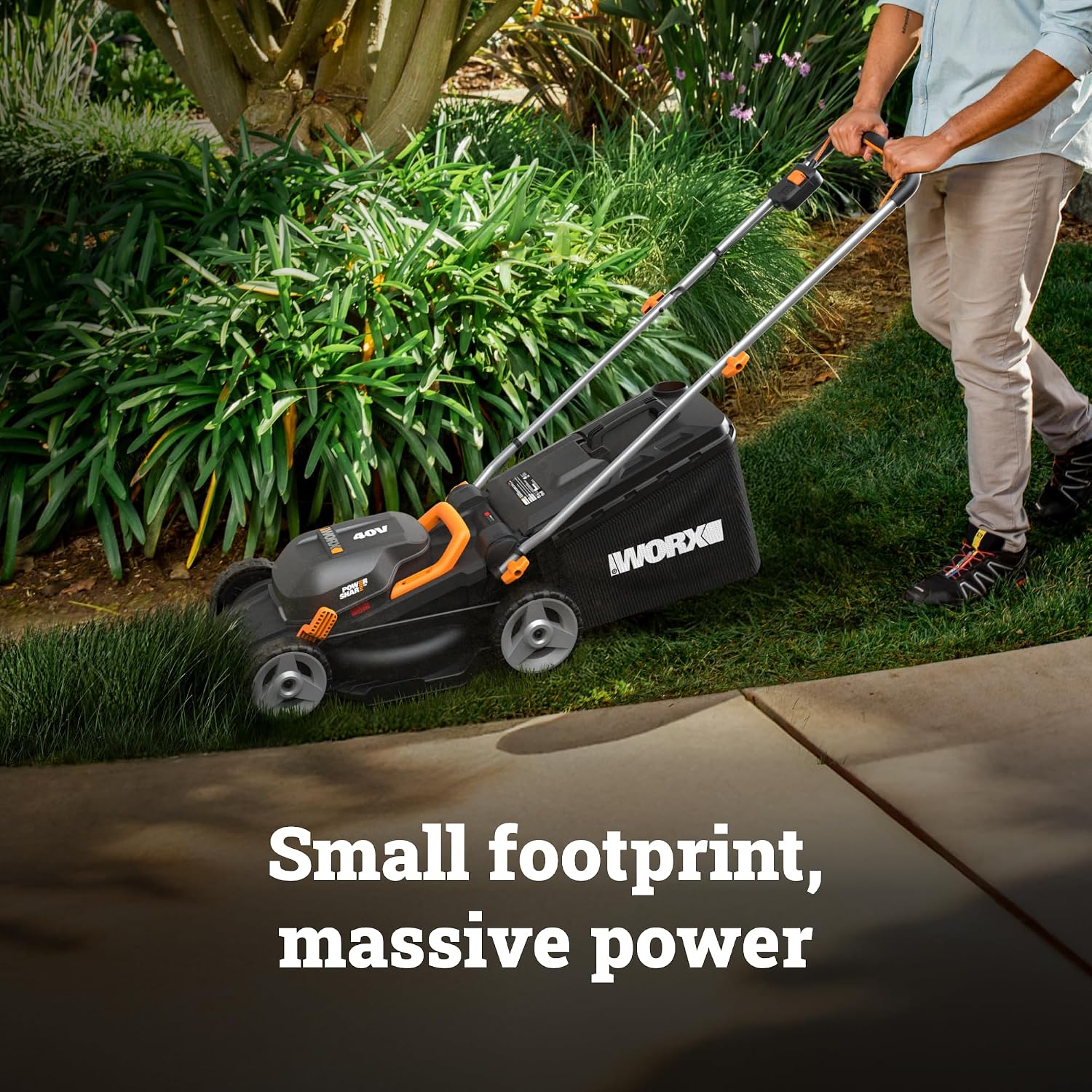 WORX Cordless Lawn Mower, 14' 40V Electric Mower with Brushless Motor, Lightweight 2 in 1 Push Lawn Mower with 6-Position Height Adjustment for Small Yards, 2 Batteries & Charger Included, WG735