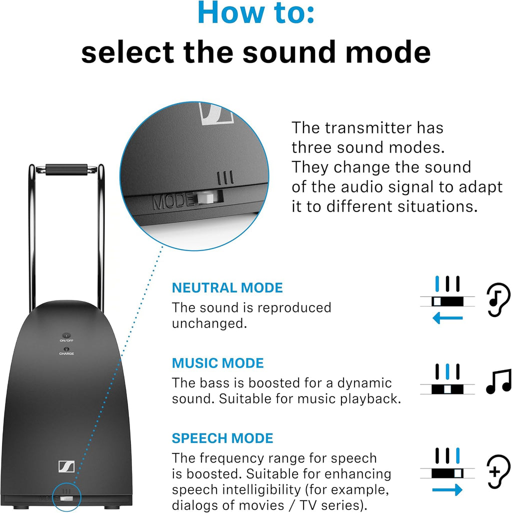 Sennheiser RS 120-W On-Ear Wireless Headphones for Crystal-clear TV Listening with 3 Sound Modes, Lightweight Design, Easy Volume Control, 60 m Range and Convenient Transmitter/Charger Combo - Black