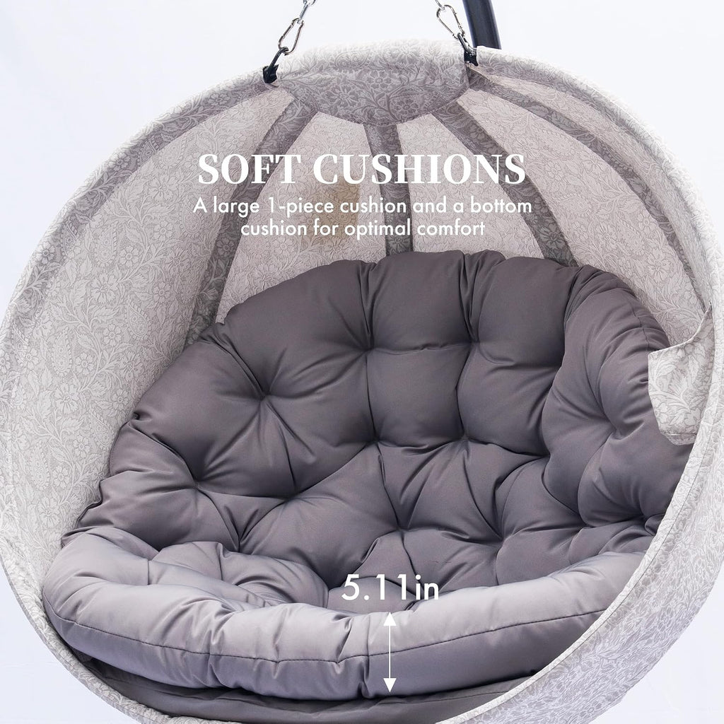 Hanging Egg Chair with Stand - Hanging Ball Chair W/Plush Cushions,Weather-Resistant Fabric, Indoor Outdoor Foldable Swing Chair for Patio, Balcony, Yard & Living Room,(Gesar Flower Gray)