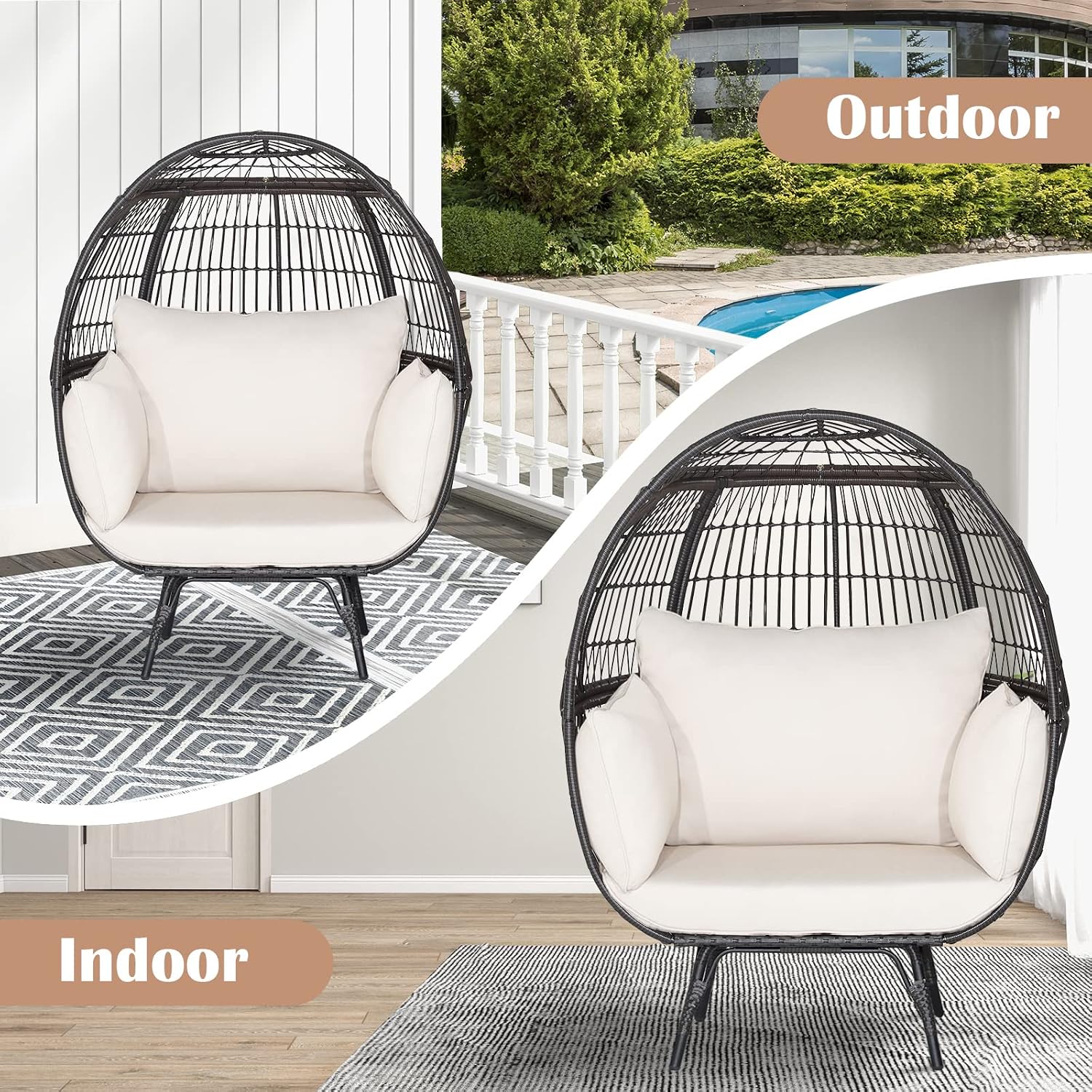 Giantex Oversized Wicker Egg Chair, Outdoor & Indoor Hammock Chair with Thick Cushions, 2-Person PE Rattan Lounge Chair Swing Chair for Patio, Backyard,Porch, 450 LBS Weight Capacity (Mix Brown)