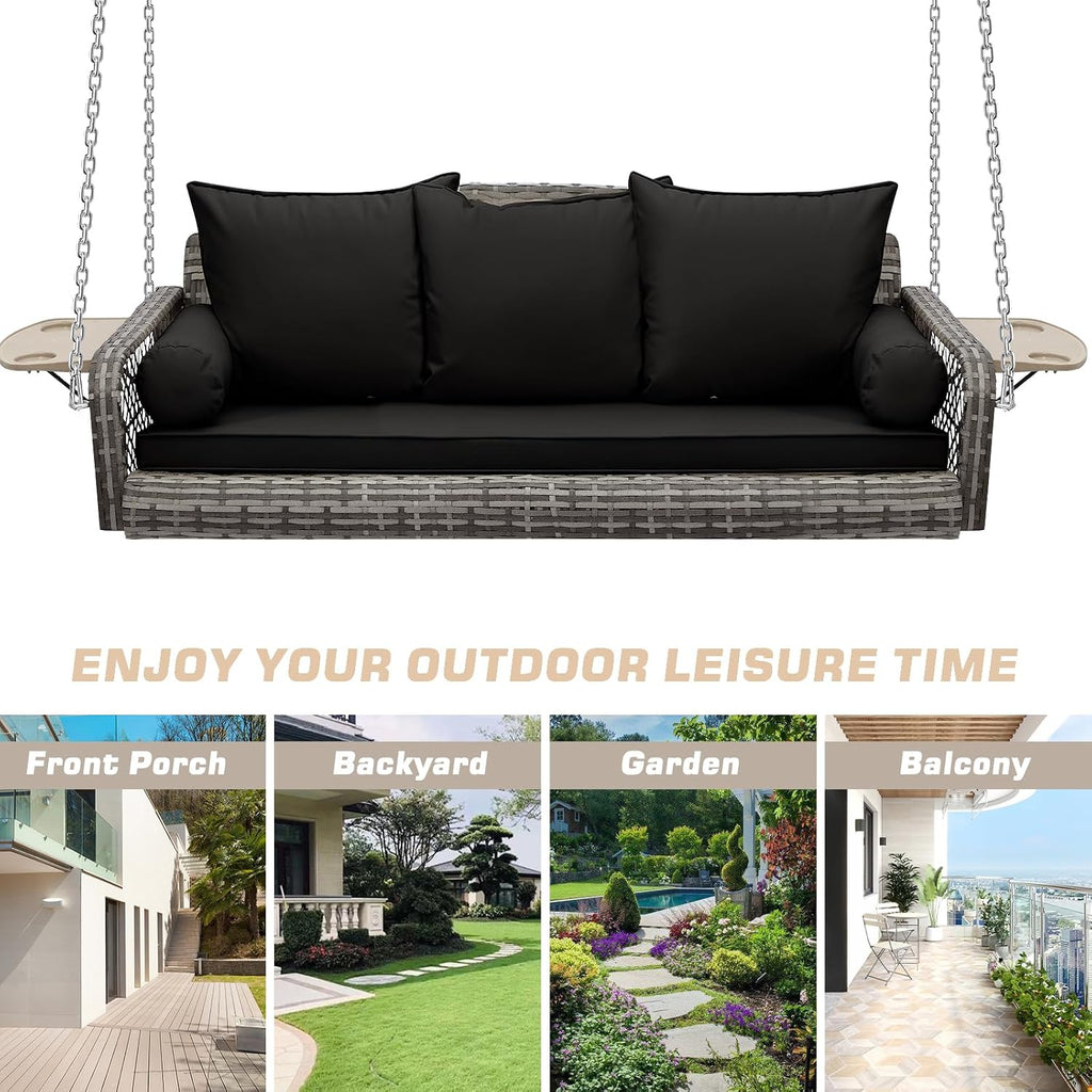 Grepatio Wicker Hanging Porch Swing - Outdoor 3 Person Patio Swing Bench with Cushion & Chains - 3-Seat Porch Swing Chair with Cup Holder for Garden, Yard, Lawn (Black Grey Rattan)