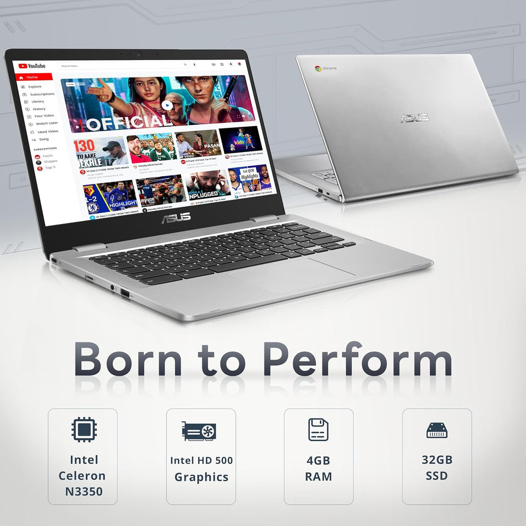 ASUS Chromebook CX1400 14' HD NanoEdge Laptop, Intel Celeron N3350 Processor, 4GB RAM, 32GB eMMC, Intel HD Graphics, 720p HD Camera, Wi-Fi, Bluetooth, Silver, Chrome OS (Renewed)