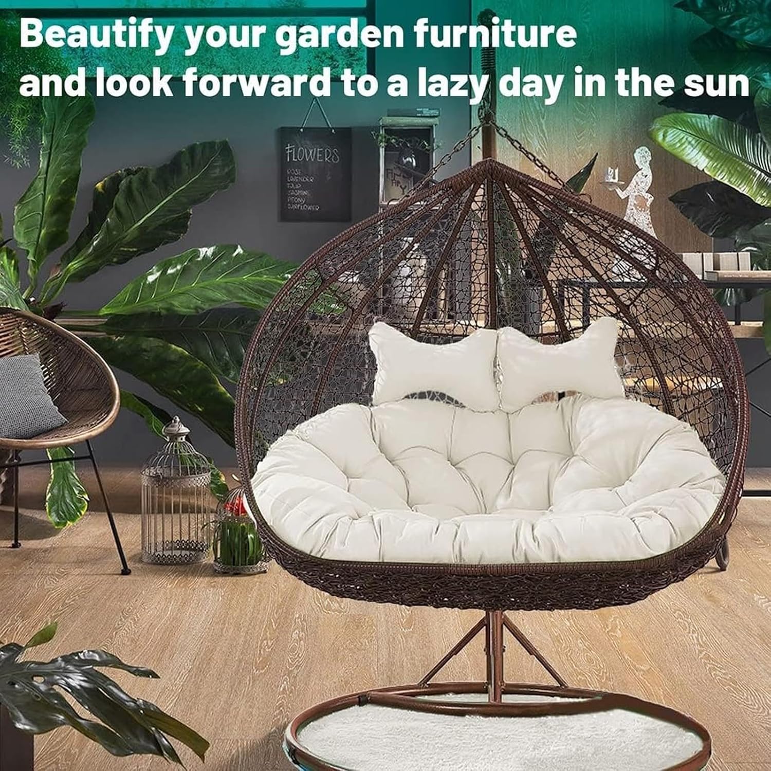 Double Swing Chair Cushion Replacement, Large Egg Chair Cushion with Adjustable Pillow for Indoor Outdoor Garden Balcony Rocking Hanging Basket Rattan Chair Rest Seat Pad(D)