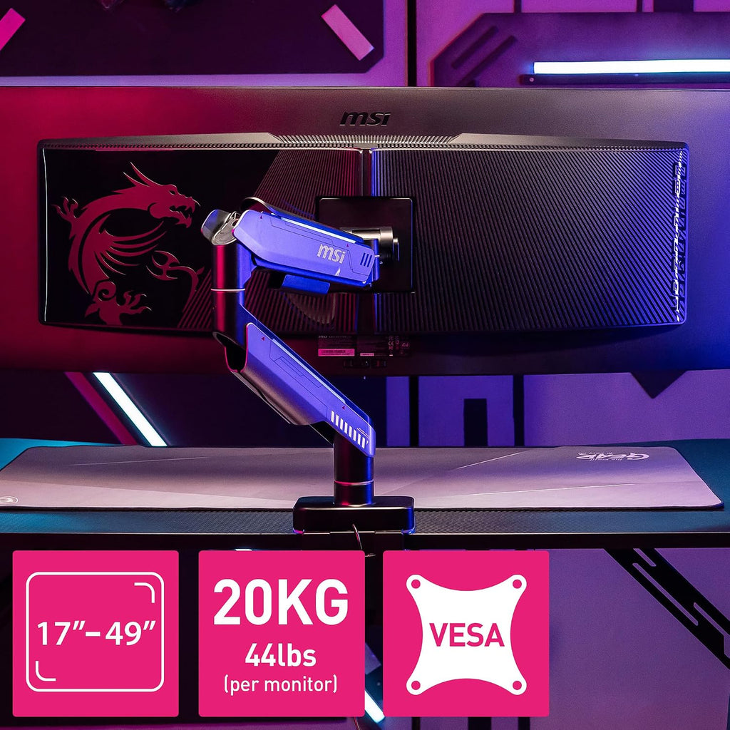 MSI MPG MT201R V2 - Premium RGB Single Monitor Stand Arm, Supports 17-49' Screens and 44 lbs, VESA Compatible, Adjustable Heavy Duty Gas Spring Mount, Clamp & Grommet, Quick Release Plate - Gray