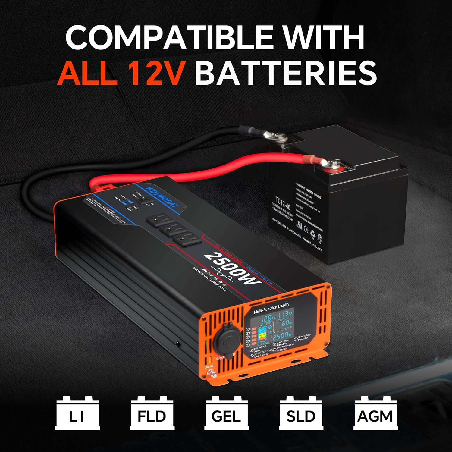 2500W Pure Sine Wave Inverter, Car Power Inverter 12V to 110V 120V, DC to AC Converter Generator with AC Outlets 3.0A USB Type-C, Remote Controller LCD Display Truck Inversor for Vehicles, RV