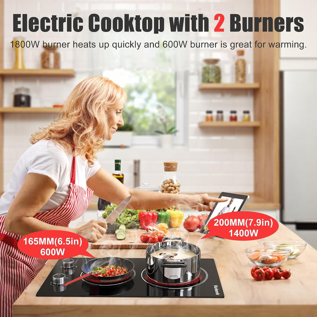 2 Burner Electric Cooktop, 12 Inch Countertop & Built-in Electrical Stovetop, 110V Electric Stove with Plug, Knob Control, 9 Power Level, 2000W(1400W+600W)