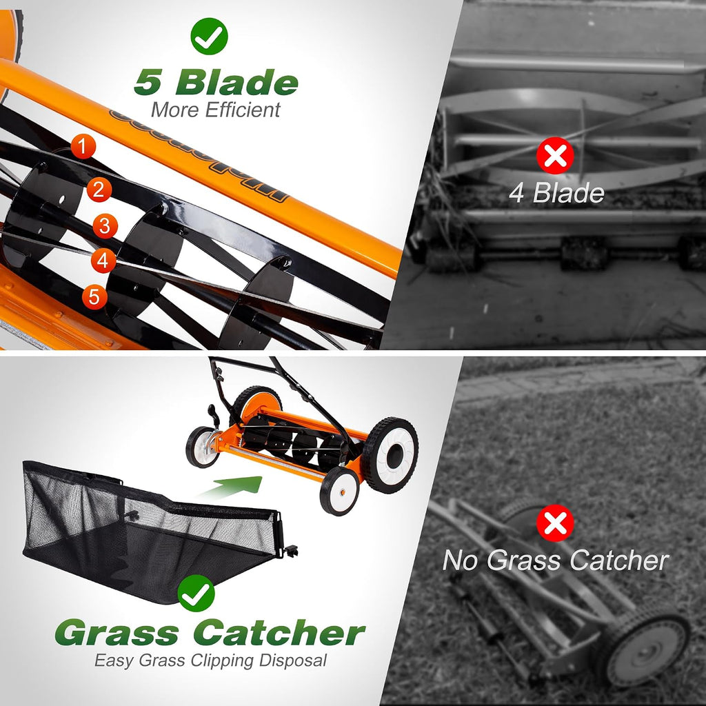 Walensee 20-Inch 5-Blade Push Reel Lawn Mower, Cordless Manual Reel Lawn Mower Walk-Behind Steel Lawn Mowers with Removable 11.8-Gallon Grass Catcher, Sponge Grip, 9-Position Cutting Height Adjustment