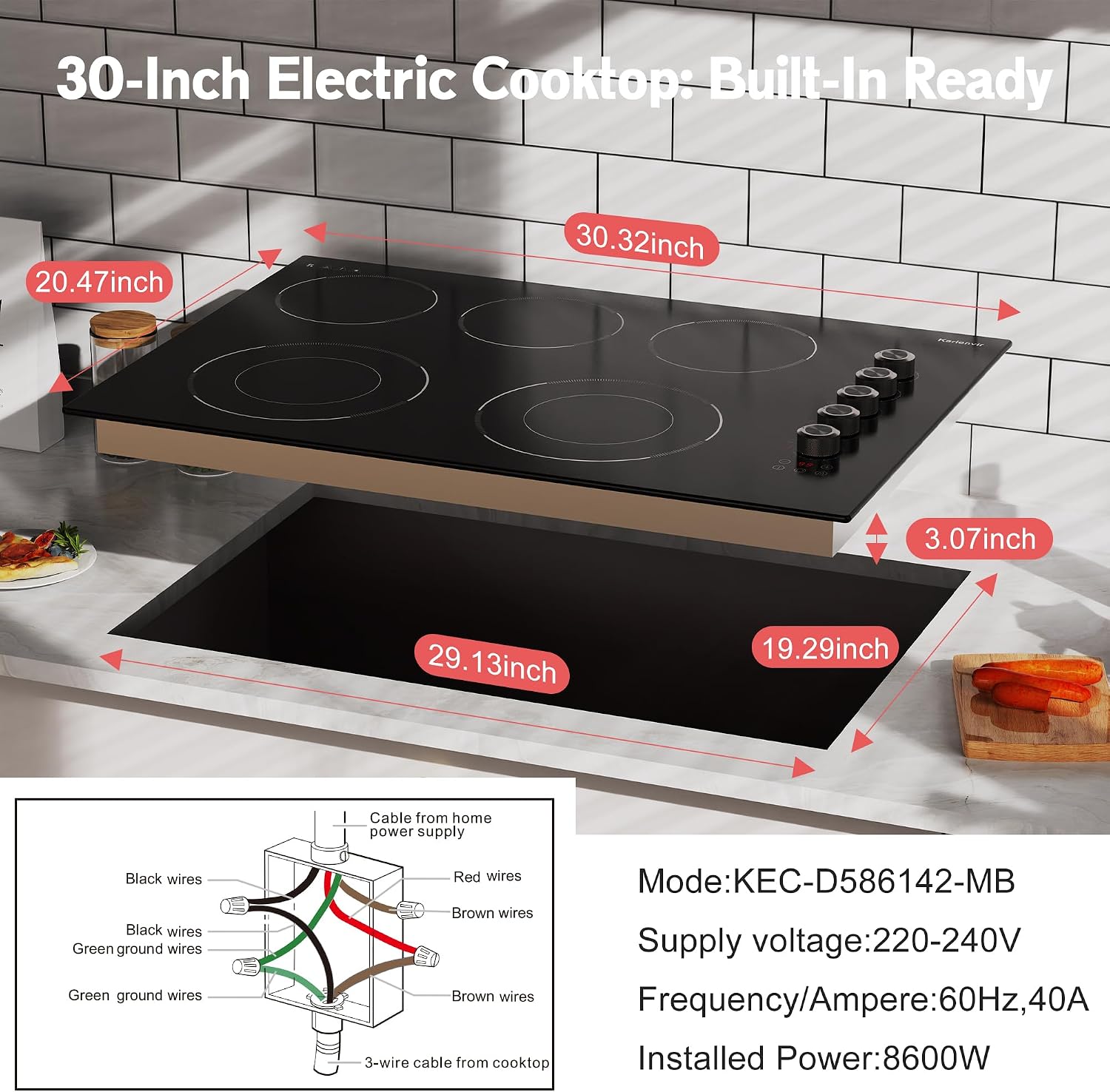 30 Inch Electric Cooktop 5 Burner Karienvir, 8600W Built-in Electric Stove Top, Cooktop 30' with Double-ring Burner, Knob & Touch Control, 9 Power Levels, Timer, Safety Lock, 220V-240V Hard Wire