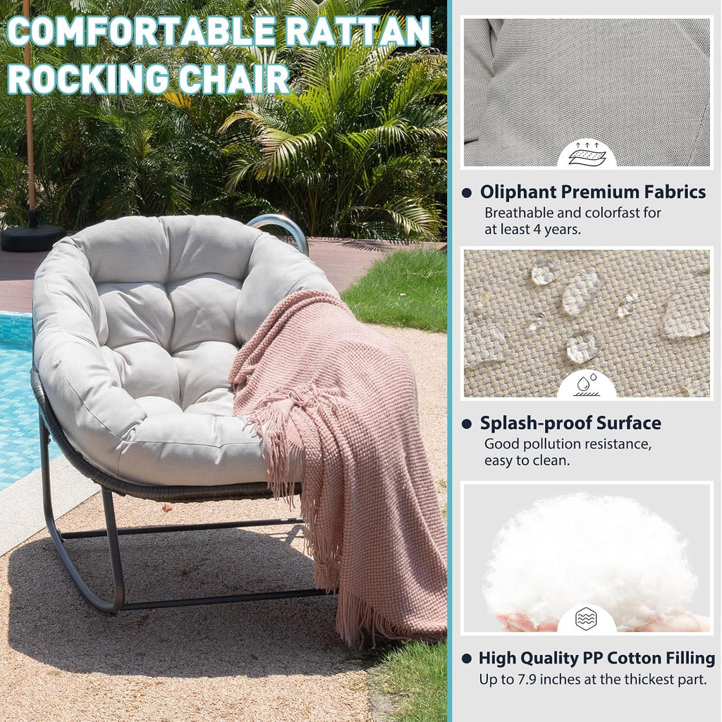 Indoor & Outdoor Rocking Chair, Oversized Rattan Royal Rocking Chair with Padded Cushion, Rocker Egg Chair for Living Room, Patio, Front Porch, Backyard, Grey