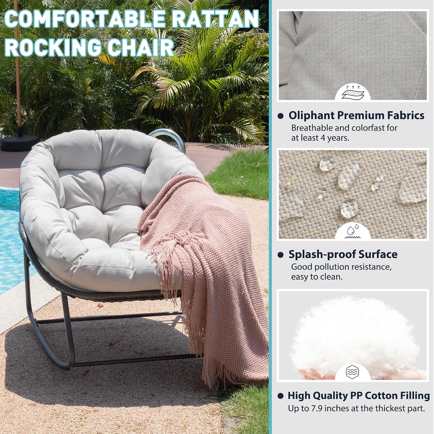 Indoor & Outdoor Rocking Chair, Oversized Rattan Royal Rocking Chair with Padded Cushion, Rocker Egg Chair for Living Room, Patio, Front Porch, Backyard, Grey