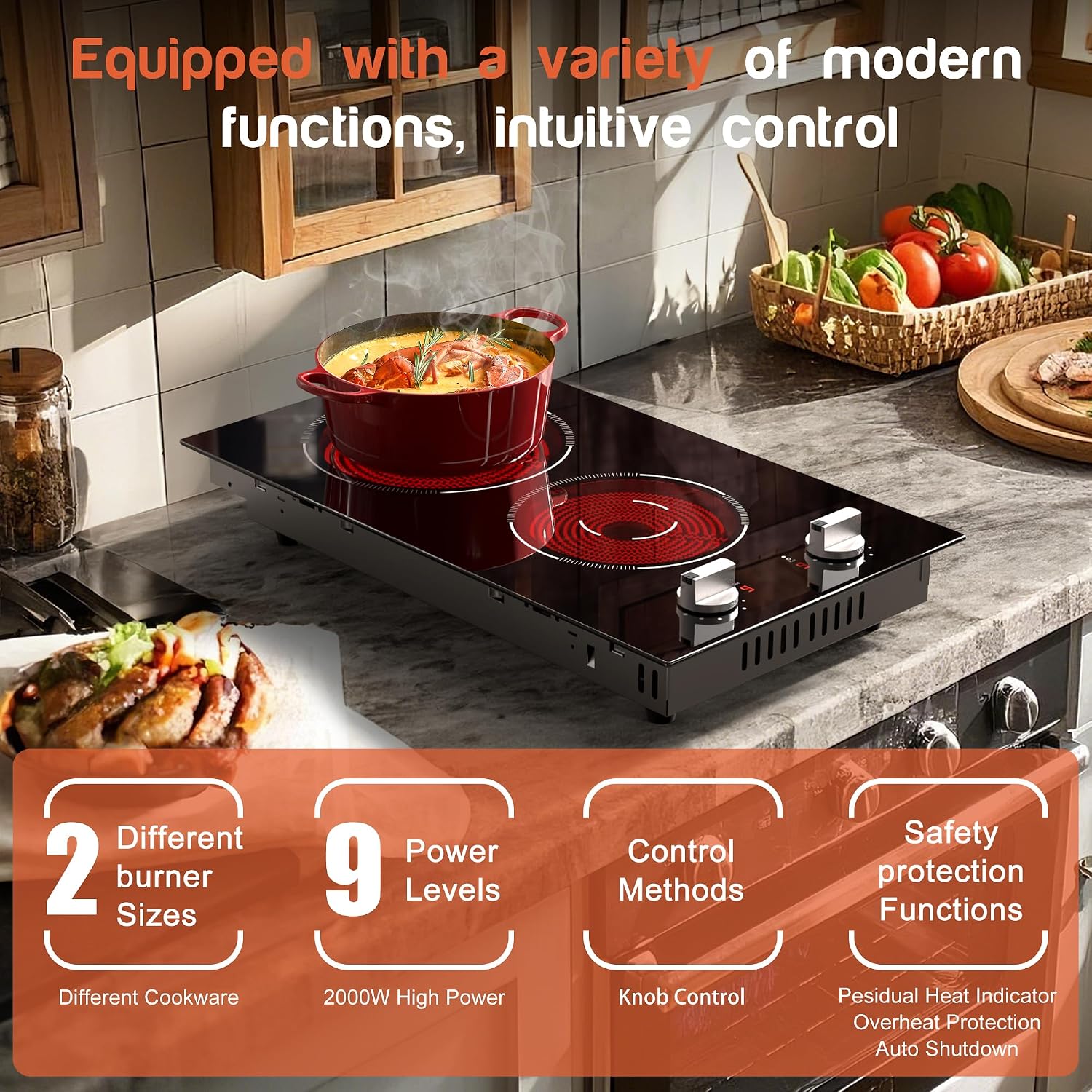 2 Burners Electric Cooktop 2000W, Plug in Electric Stove Top110v, Countertop & Built-in Cook top 12 Inch, 2 Burner Cooktop Knob Control, 9 Power Levels, Grey knob, Karienvir