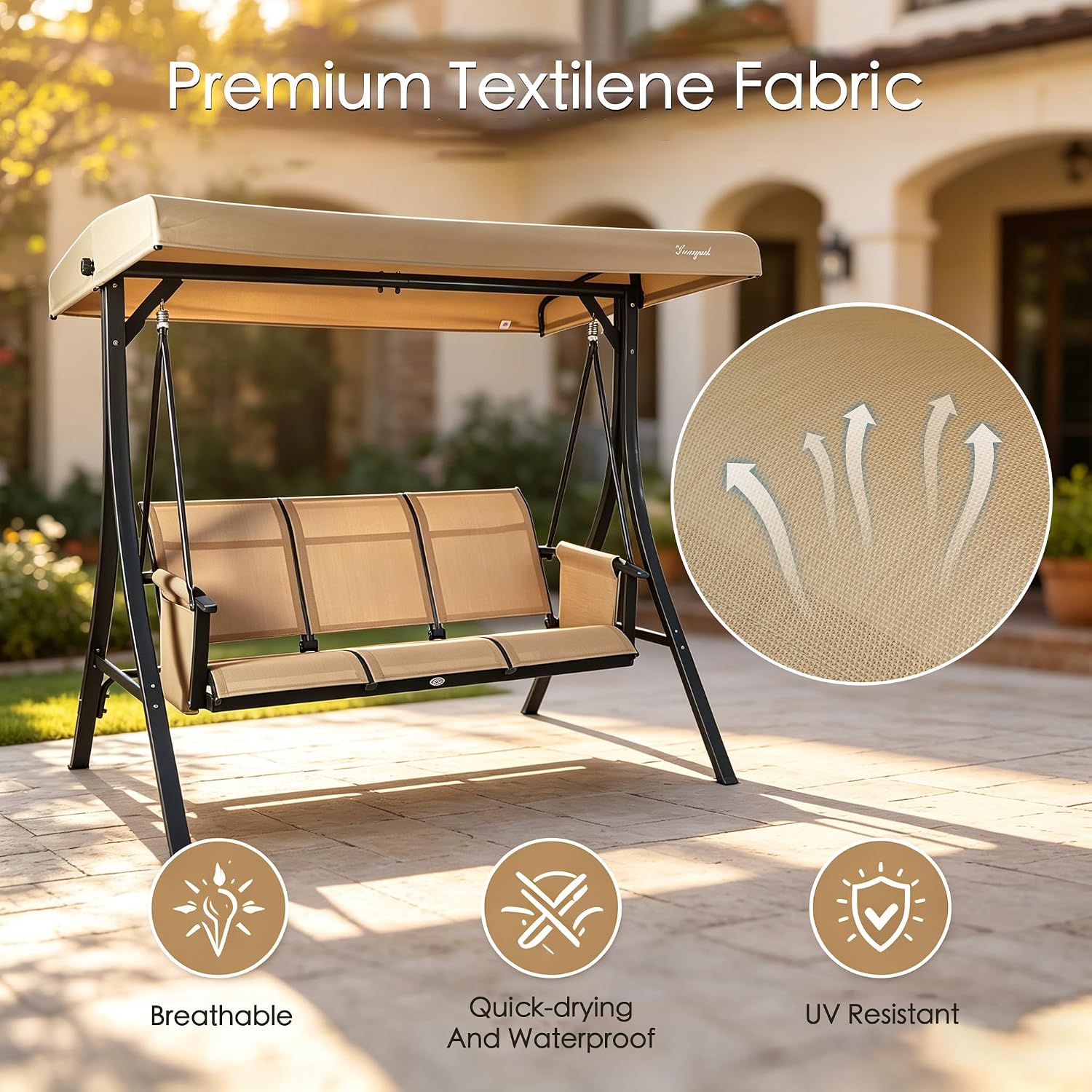 Kozyard Brenda 3-Seat Outdoor Porch Swing Glider, Patio Swing with Adjustable Canopy, Steel Frame, Breathable Textilene Seat & Back, Side Pockets (Tan)