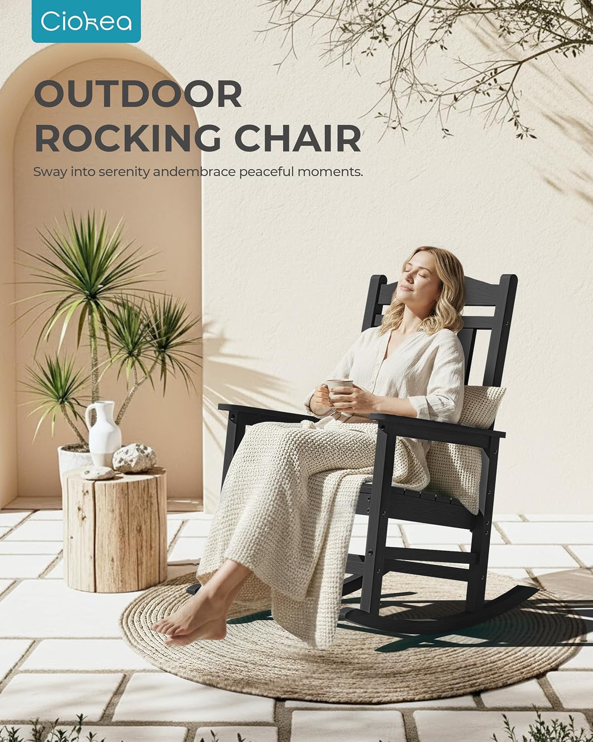 Ciokea Oversized Outdoor Rocking Chairs Set of 2, 380lbs Heavy-Duty Large Patio Rocker, High Back Cozy Porch Chairs, Weather Resistant Patio Rocking Chairs for Outside, Fire Pit, Deck, Black