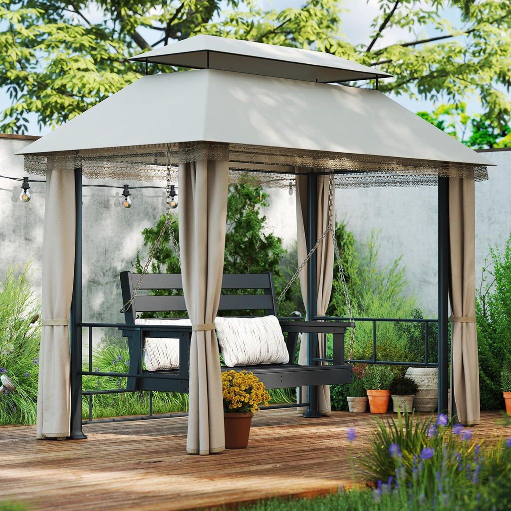 IVY&LANE Outdoor Porch Swing | HDPE Plastic | 2-Person | Hanging Bench Swings | Weatherproof | 4 Stainless Steel Chains | Black | for Outside Patio Garden Backyard Tree