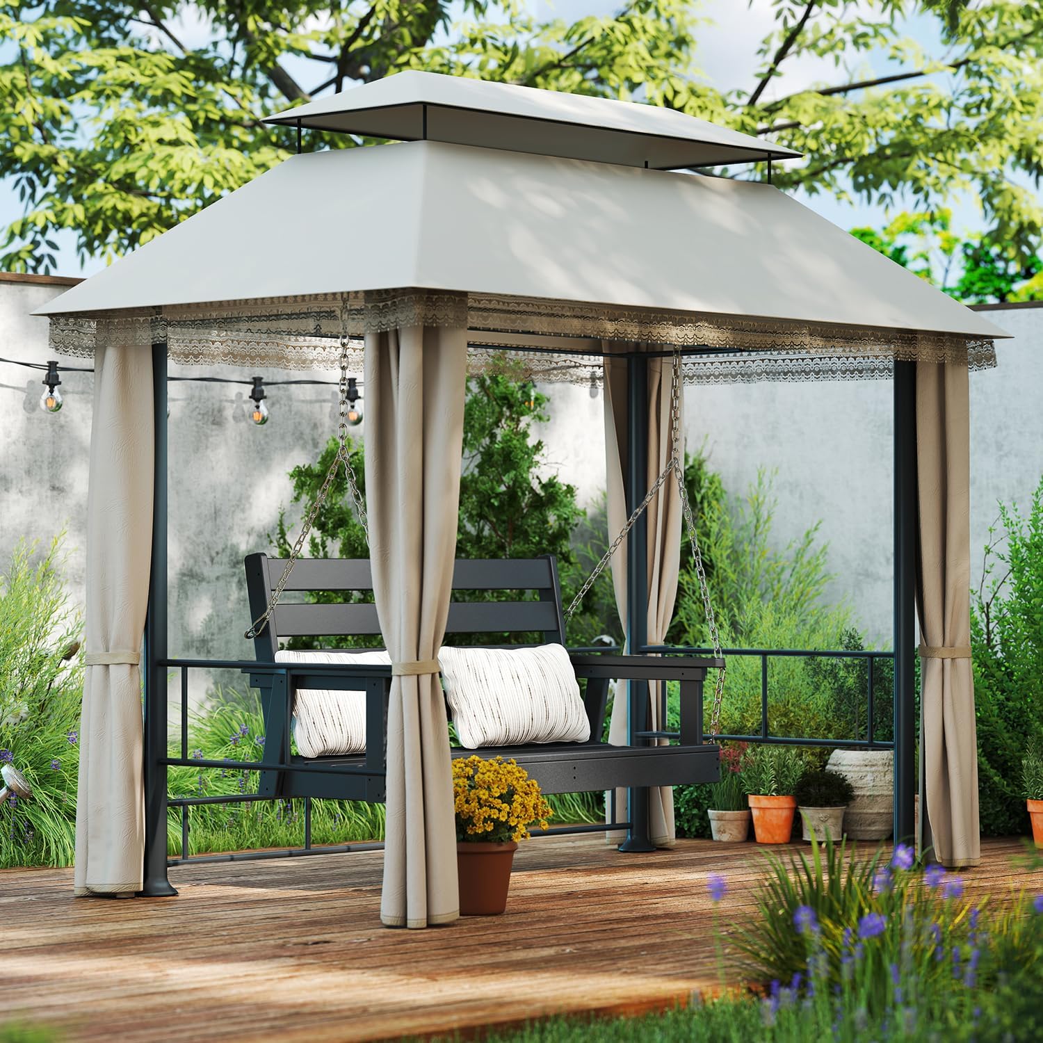 IVY&LANE Outdoor Porch Swing | HDPE Plastic | 2-Person | Hanging Bench Swings | Weatherproof | 4 Stainless Steel Chains | Black | for Outside Patio Garden Backyard Tree