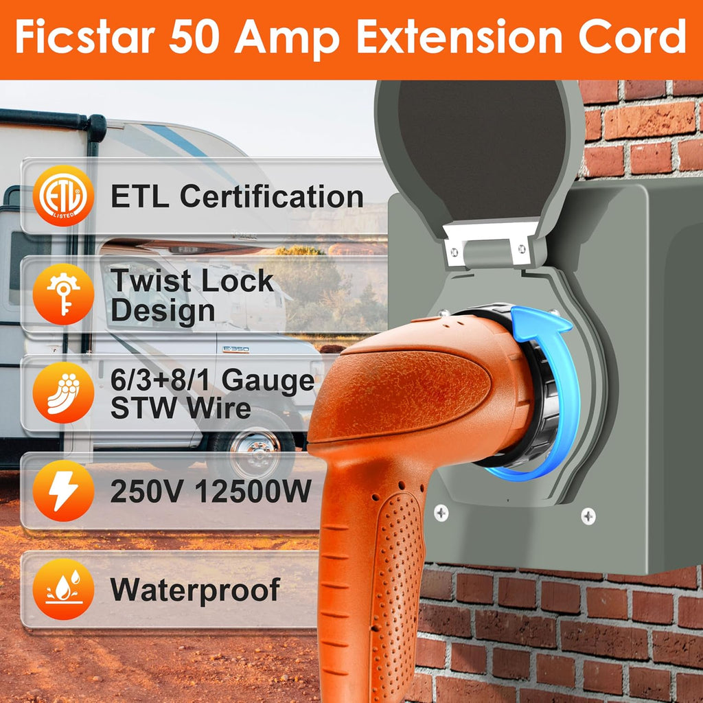 50 Amp RV Extension Cord 30 ft, Heavy Duty 6/3+8/1 SJTW AWG RV Power Cord with Grip Handle Twist Lock, NEMA 14-50P to SS2-50R with LED Indicator